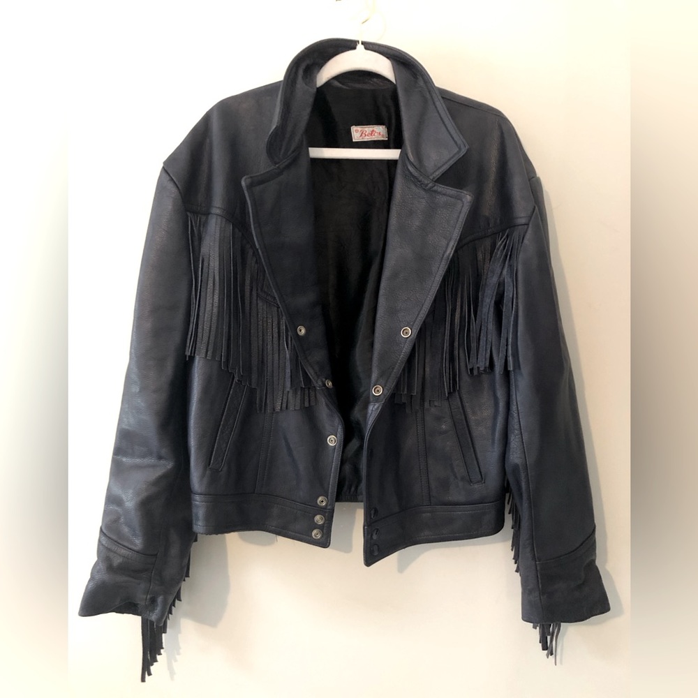 Vintage Leather tasseled jacket, navy, EUC